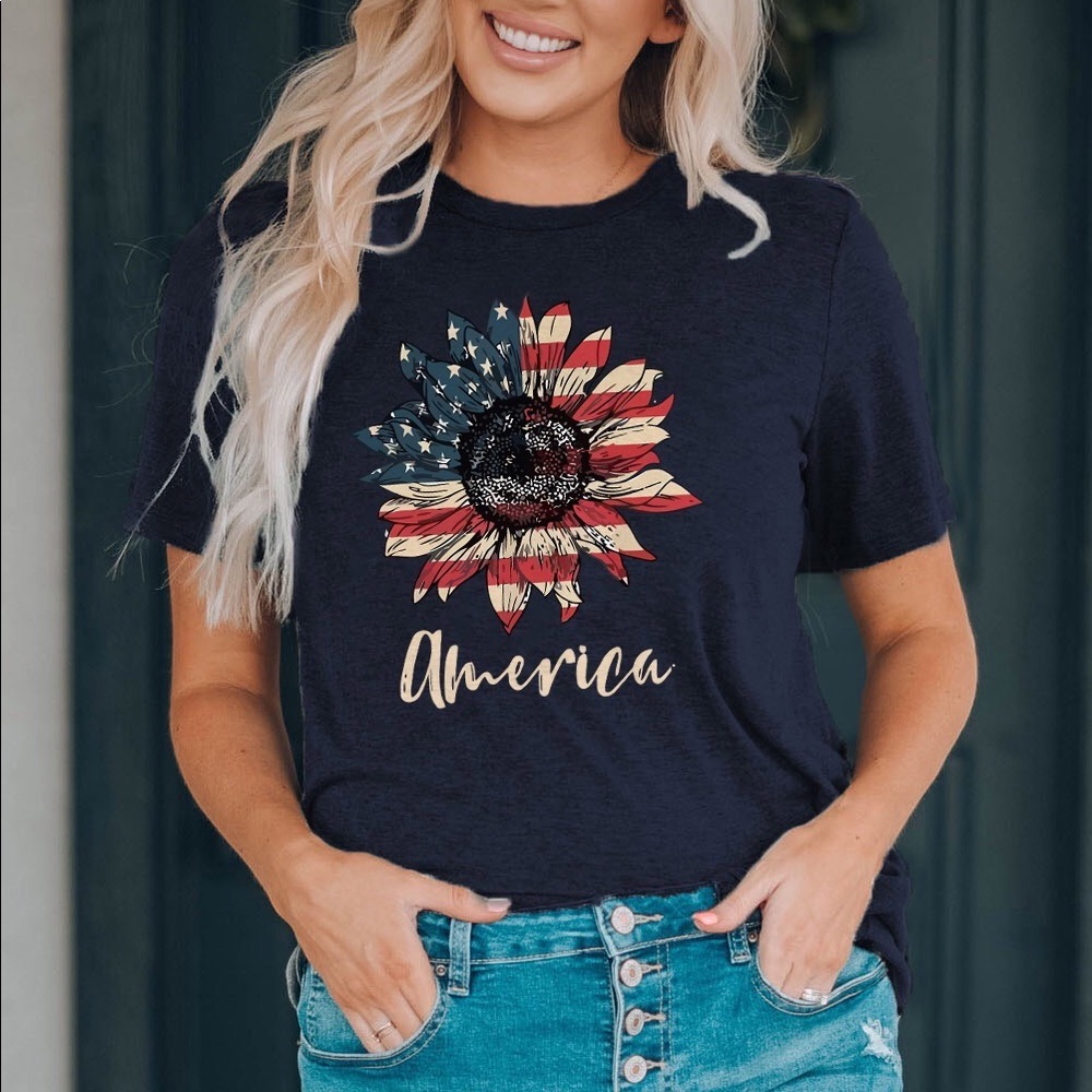 Blue American Flag Sunflower Printed Short Sleeve Graphic Tee